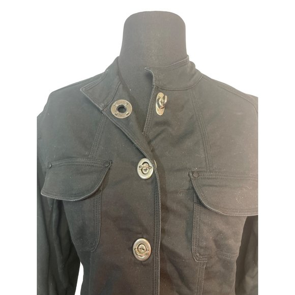 Chico’s Size 0 Small Metal Toggle Buckle Jacket Black Fitted Stretch - Picture 2 of 8